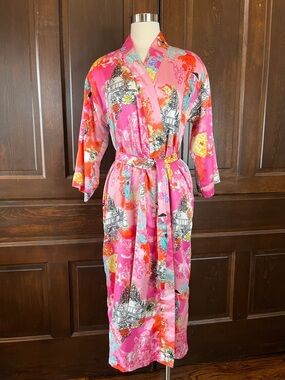 Cruz Natori Pink Belted Robe Kimono Long Loungewear Asian Print Pockets Size XS
